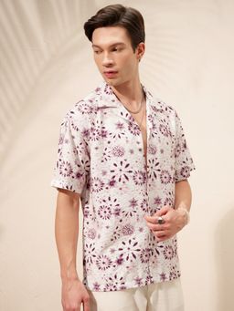 HIGHLANDER - Men's Burgundy Collar Neck Half Sleeves Relaxed Printed Shirt