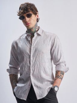 HIGHLANDER - Men's White Collar Neck Full Sleeves Slim Stripes Shirt