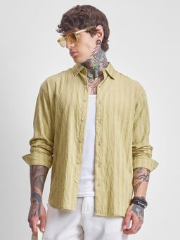 HIGHLANDER - Men's Yellow Collar Neck Full Sleeves Relaxed Textured Shirt