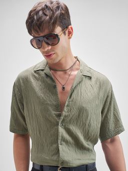HIGHLANDER - Men's Green Collar Neck Half Sleeves Relaxed Textured Shirt