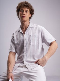 HIGHLANDER - Men's Pink Collar Neck Half Sleeves Relaxed Stripes Shirt