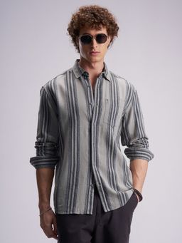 HIGHLANDER - Men's Grey Collar Neck Full Sleeves Slim Stripes Shirt