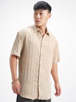 HIGHLANDER - Men's Beige Collar Neck Half Sleeves Relaxed Stripes Shirt