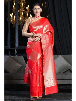 Beatitude - Red Soft Silk Banarasi Woven Saree with Unstitched Blouse