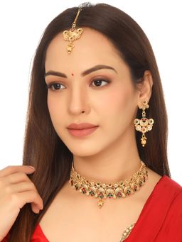 Yellow Chimes - Gold-Plated and Red Crystal Studded Choker Jewellery Set of 3 With Maang Tikka