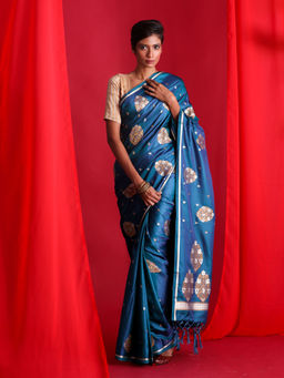 Beatitude - Blue Banarasi Saree with Unstitched Blouse