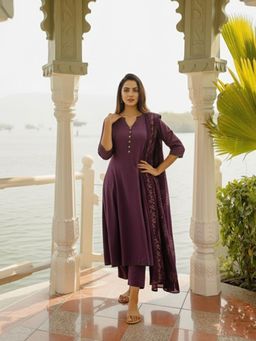 Gahan - Womens Purple Rayon Blend Solid A-Line Kurta with Pant & Dupatta