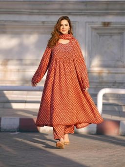 Gahan - Womens Red Rayon Blend Printed Anarkali Kurta with Pant & Dupatta