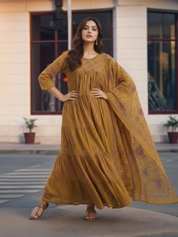 Gahan - Womens Mustard Rayon Blend Printed Anarkali Kurta with Pant & Dupatta