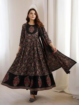 Gahan - Womens Black Rayon Blend Printed A-Line Anarkali Kurta with Pant & Dupatta