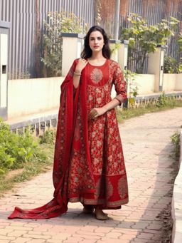 Gahan - Womens Red Rayon Blend Printed A-Line Anarkali Kurta with Pant & Dupatta