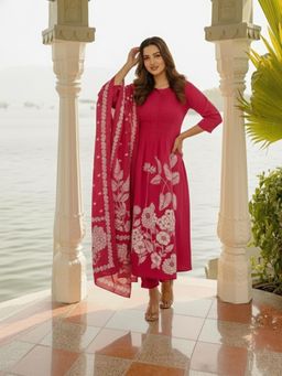 Gahan - Womens Pink Rayon Blend Printed A-Line Anarkali Kurta with Pant & Dupatta