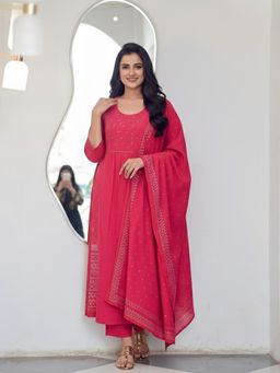 Gahan - Womens Orange Rayon Blend Printed A-Line Kurta with Pant & Dupatta