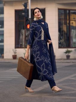 Gahan - Womens Navy Blue Rayon Blend Printed Straight Kurta with Pant & Dupatta