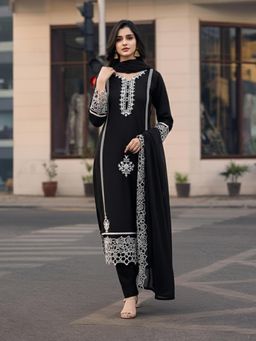 Gahan - Womens Black Rayon Blend Embroidered Straight Kurta with Pant & Dupatta