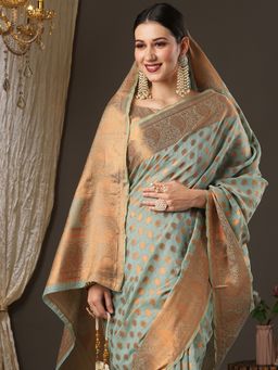Akhilam - Womens Silk Blend Sea Green Woven Design Designer Saree with Unstitched Blouse