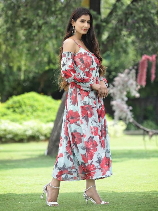 Buy Juniper Mint Floral Printed Chiffon Maxi Dress with Adjustable Straps &  Cold Shoulder Online