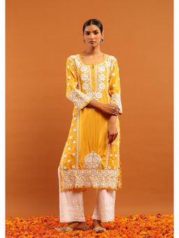 House of Chikankari - Chanderi Chikankari Solid Women's Long Kurta - Mustard