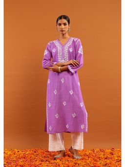 House of Chikankari - Chanderi Chikankari With Sequins Solid Women's Long Kurta -Lavender