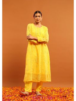 House of Chikankari - Kota Chikankari Mukaish Work Solid Women's A-Line Kurta With Inner -Yellow