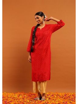 House of Chikankari - Banarasi Chanderi Chikankari Solid Women's Long Kurta-Red