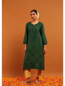 House of Chikankari - Banarasi Chanderi Chikankari Solid Women's Long Kurta-Green