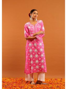 House of Chikankari - Chanderi Chikankari Ombre Women's Long Kurta-Pink