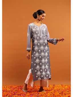 House of Chikankari - Chanderi Chikankari Ombre Women's Long Kurta-Grey