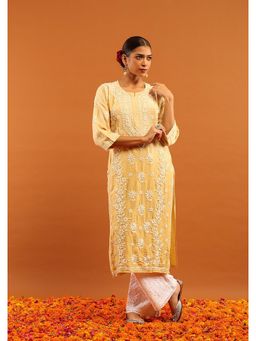 House of Chikankari - Chanderi Chikankari Solid Women's Long Kurta-Light Yellow