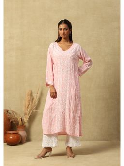 House of Chikankari - Modal Chikankari Solid Women's Long Kurta -Pink