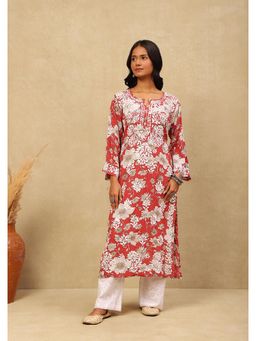 House of Chikankari - Rayon Chikankari Printed Women's Long Kurta -Red