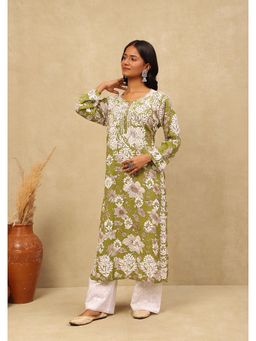 House of Chikankari - Rayon Chikankari Printed Women's Long Kurta -Green