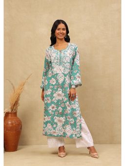 House of Chikankari - Rayon Chikankari Printed Women's Long Kurta -Mint Green