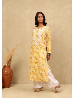 House of Chikankari - Mulmul Chikankari Printed Women's Long Kurta -Yellow