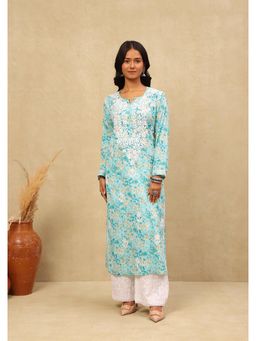 House of Chikankari - Mulmul Chikankari Printed Women's Long Kurta -Sea Green