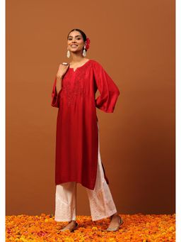 House of Chikankari - Chanderi Chikankari Ombre Women's Long Kurta -Maroon