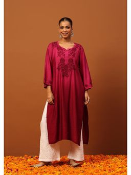 House of Chikankari - Chanderi Chikankari Ombre Women's Long Kurta -Wine