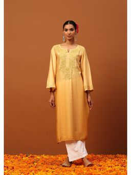 House of Chikankari - Chanderi Chikankari Ombre Women's Long Kurta -Yellow