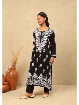 House of Chikankari - Modal Chikankari Solid Women's Long Kurta -Black