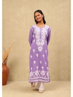 House of Chikankari - Modal Chikankari Solid Women's Long Kurta -Purple