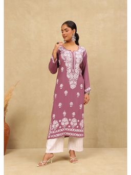 House of Chikankari - Modal Chikankari Solid Women's Long Kurta -Lavender