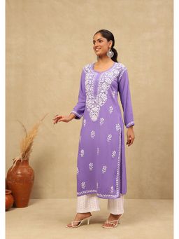 House of Chikankari - Rayon Chikankari Solid Women's Long Kurta -Lavender