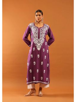 House of Chikankari - Rayon Chikankari Solid Women's Long Kurta -Dark Purple