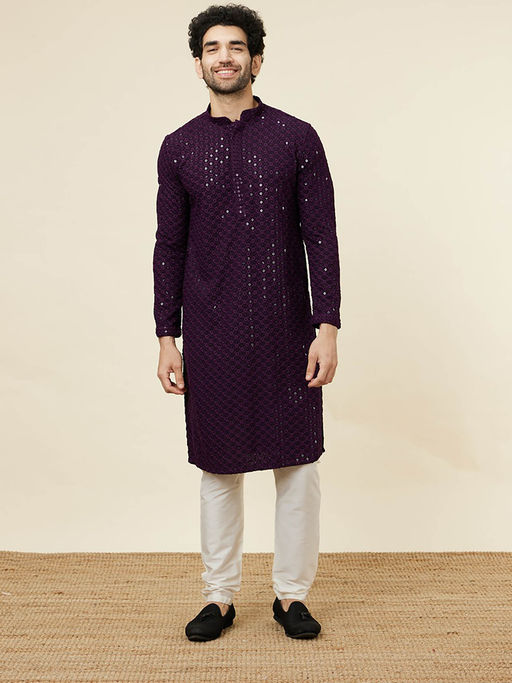 Manyavar Mens Purple Viscose Kurta Pyjama (Set of 2)