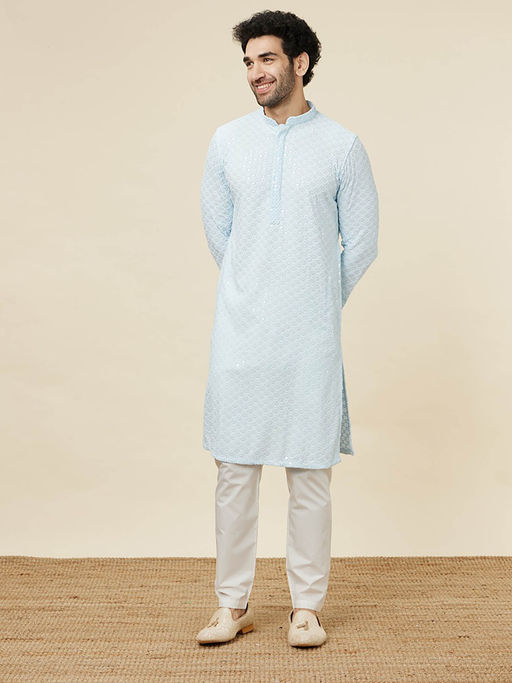 Manyavar Mens Light Blue Viscose Kurta Pyjama (Set of 2)