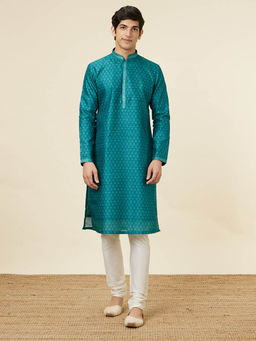 Manyavar - Mens Teal Green Art Silk Kurta Pyjama (Set of 2)
