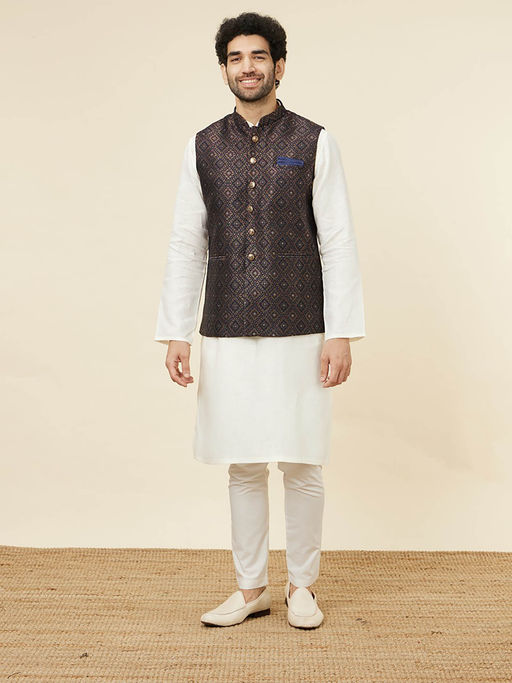 Manyavar Mens Dark Blue Brocade Jacket