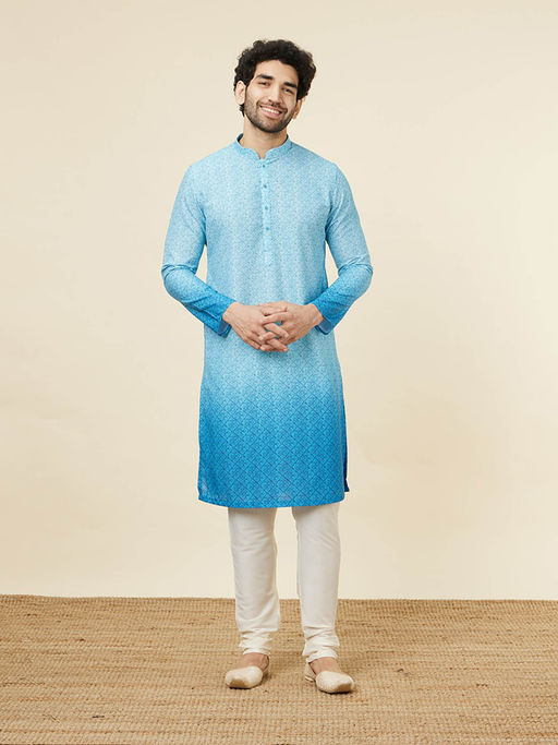 Manyavar Mens Light Blue Blended Cotton Kurta