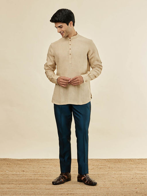 Manyavar Mens Fawn Linen Short Kurta