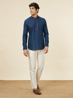 Manyavar - Mens Dark Blue Cotton Short Kurta